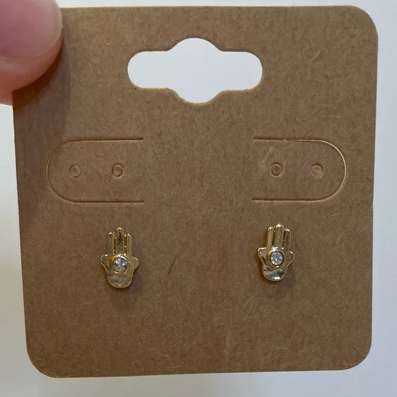 Hamsa Hand‎ Gold Rhinestone Stud Earrings Dainty Timeless Quiet Luxury Mystical - Picture 9 of 9